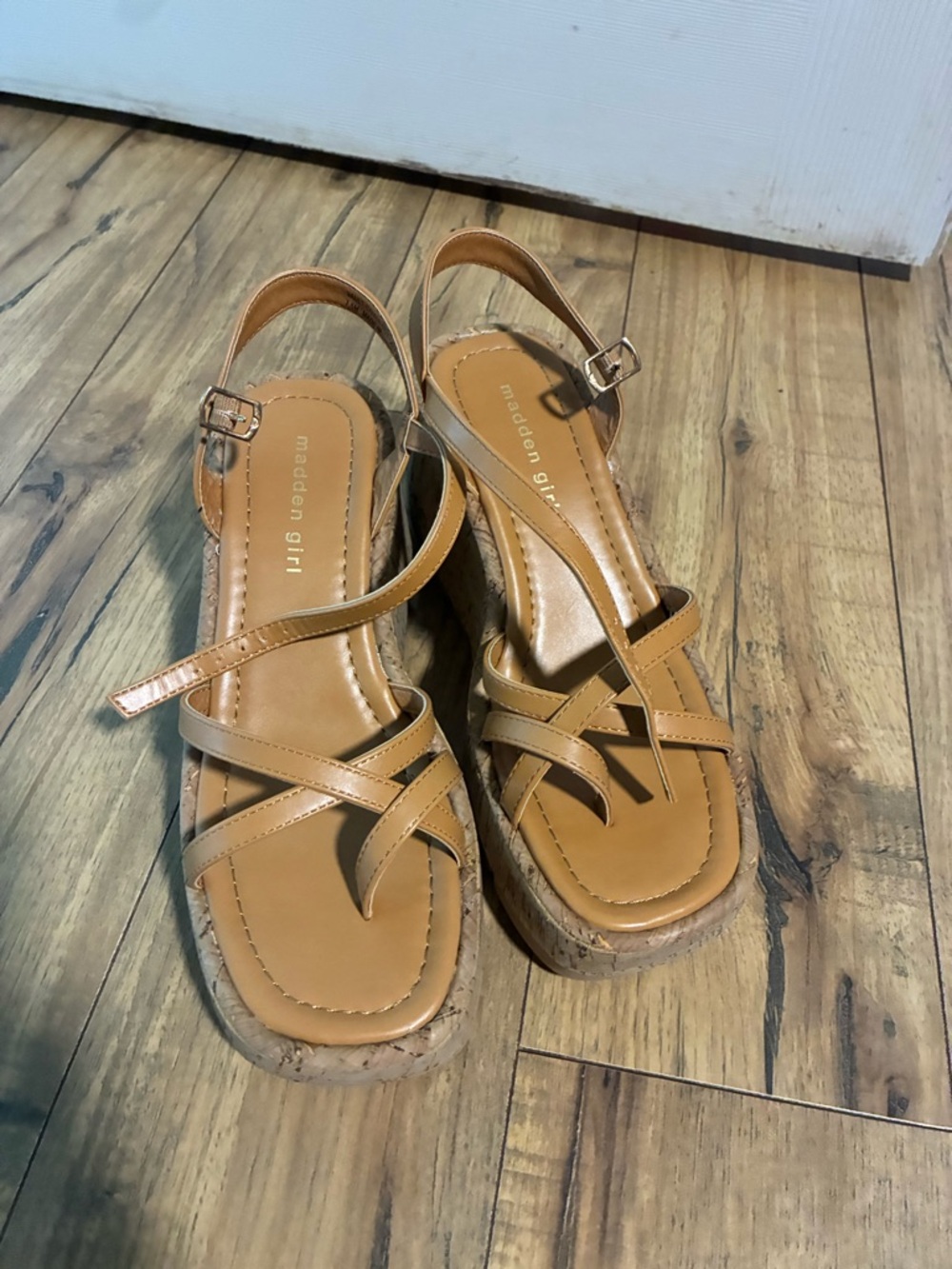 Madden Girl Tan Strappy Cork Wedge Sandals with Buckle Ankle